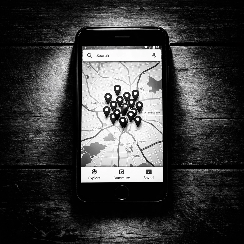 Smartphone displaying Google Maps with multiple business location pins for local search