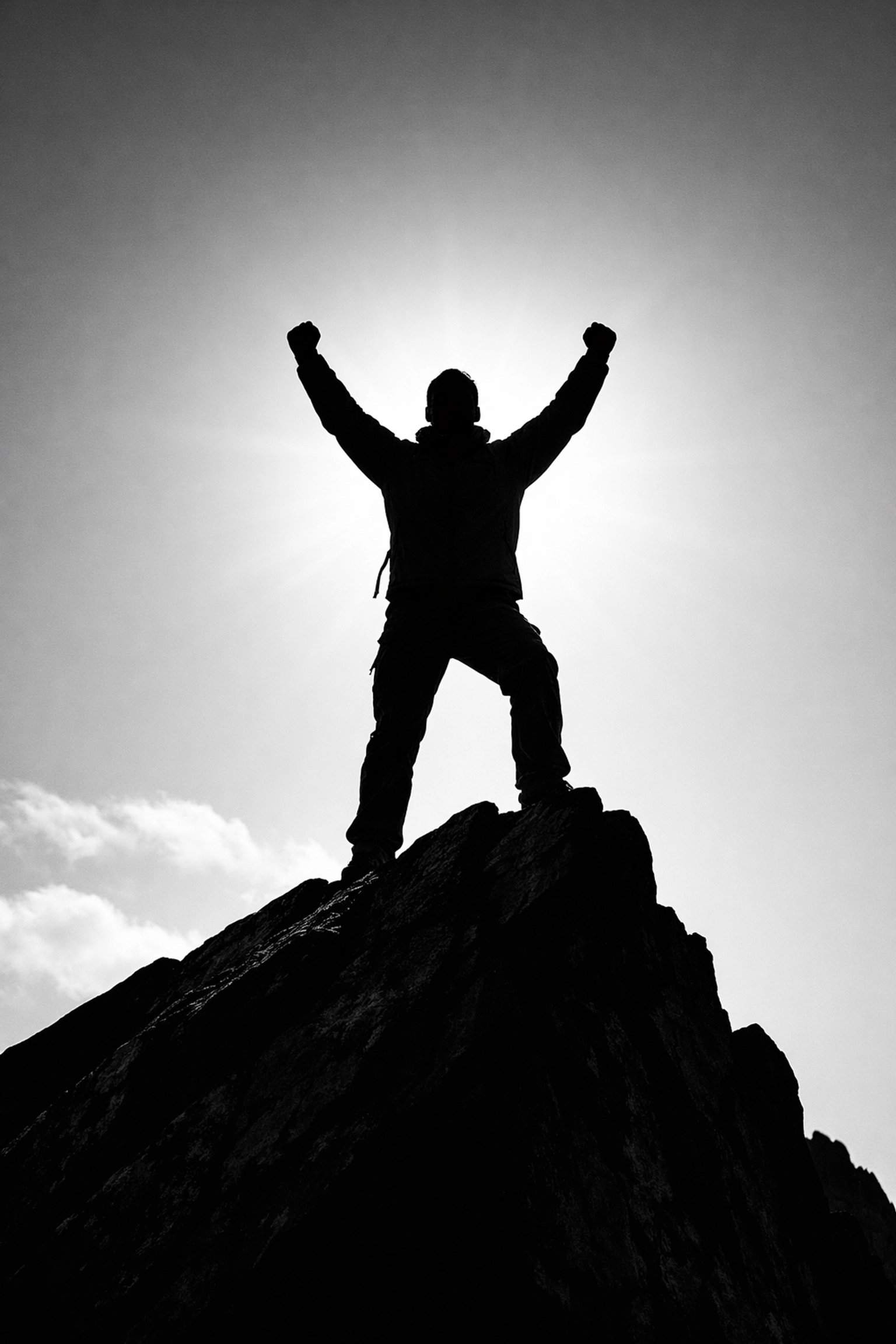 Person celebrating success on mountaintop representing customer as hero in brand story