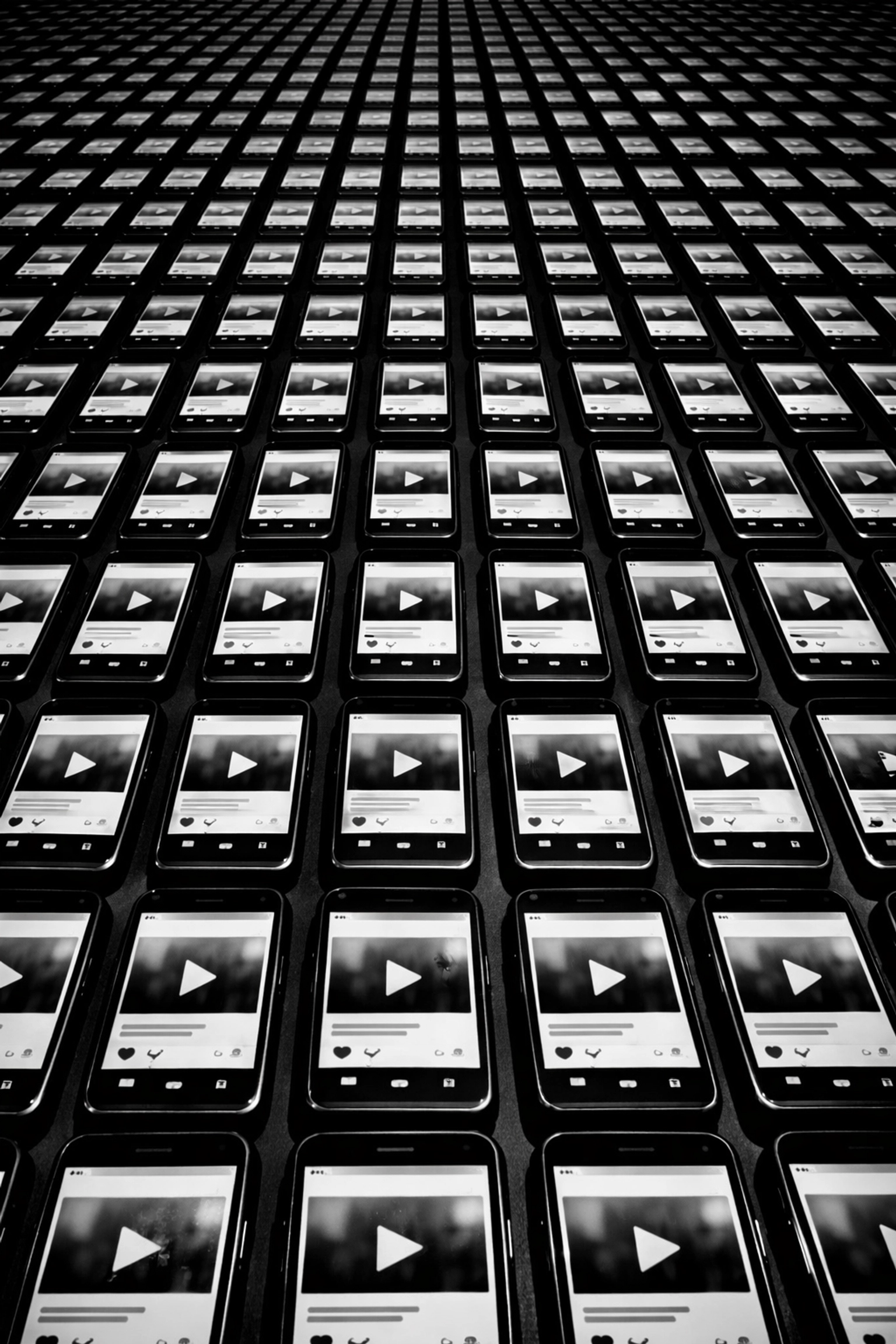 Grid of identical smartphone screens showing repetitive social media feeds illustrating short-form video fatigue