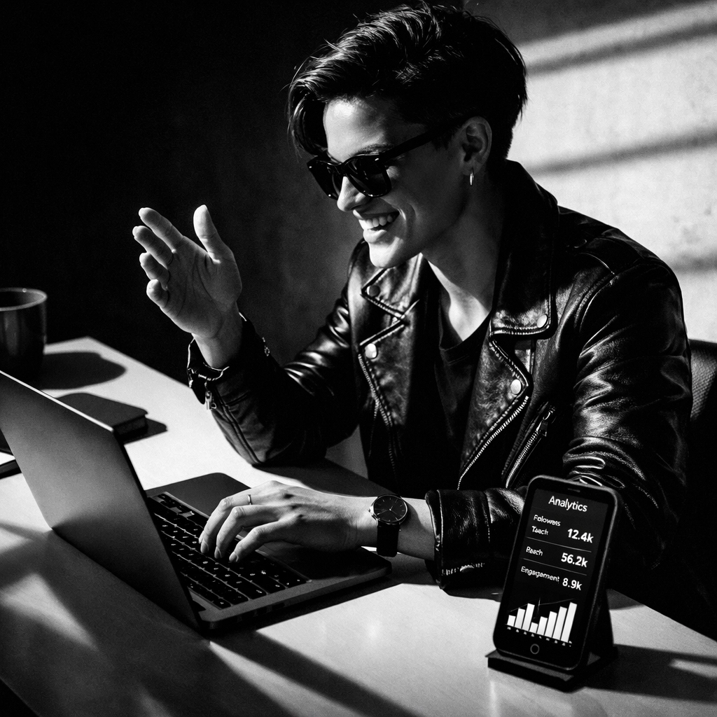 Founder building personal brand at desk with laptop and social media analytics on smartphone