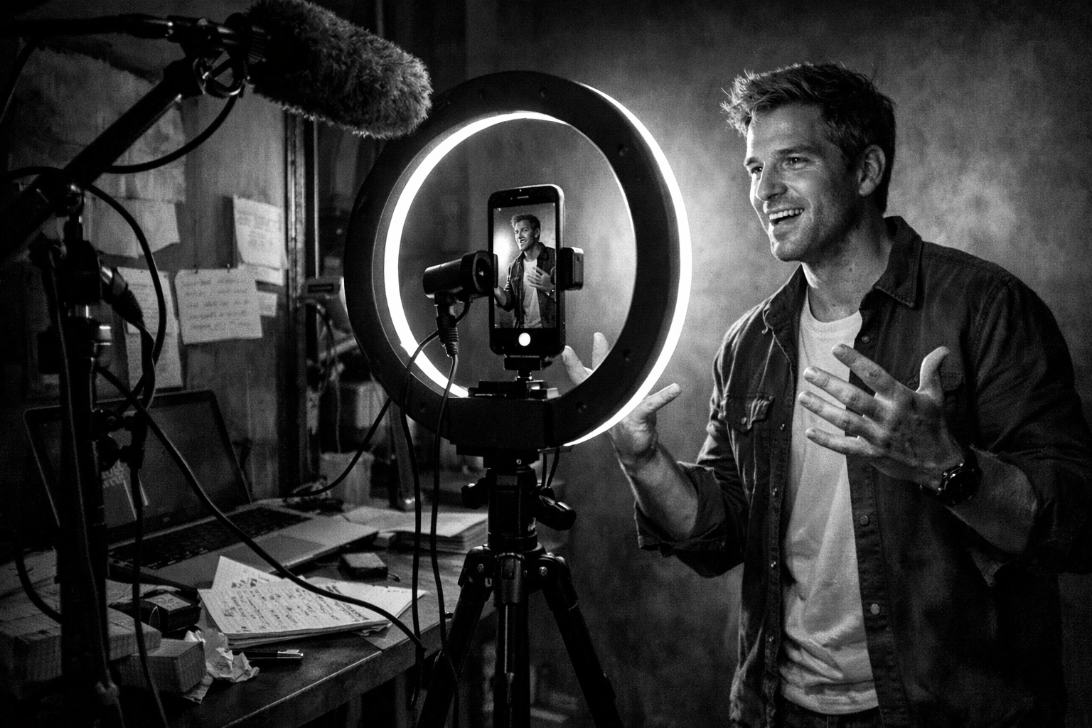 Behind-the-scenes founder recording authentic video content with ring light and smartphone