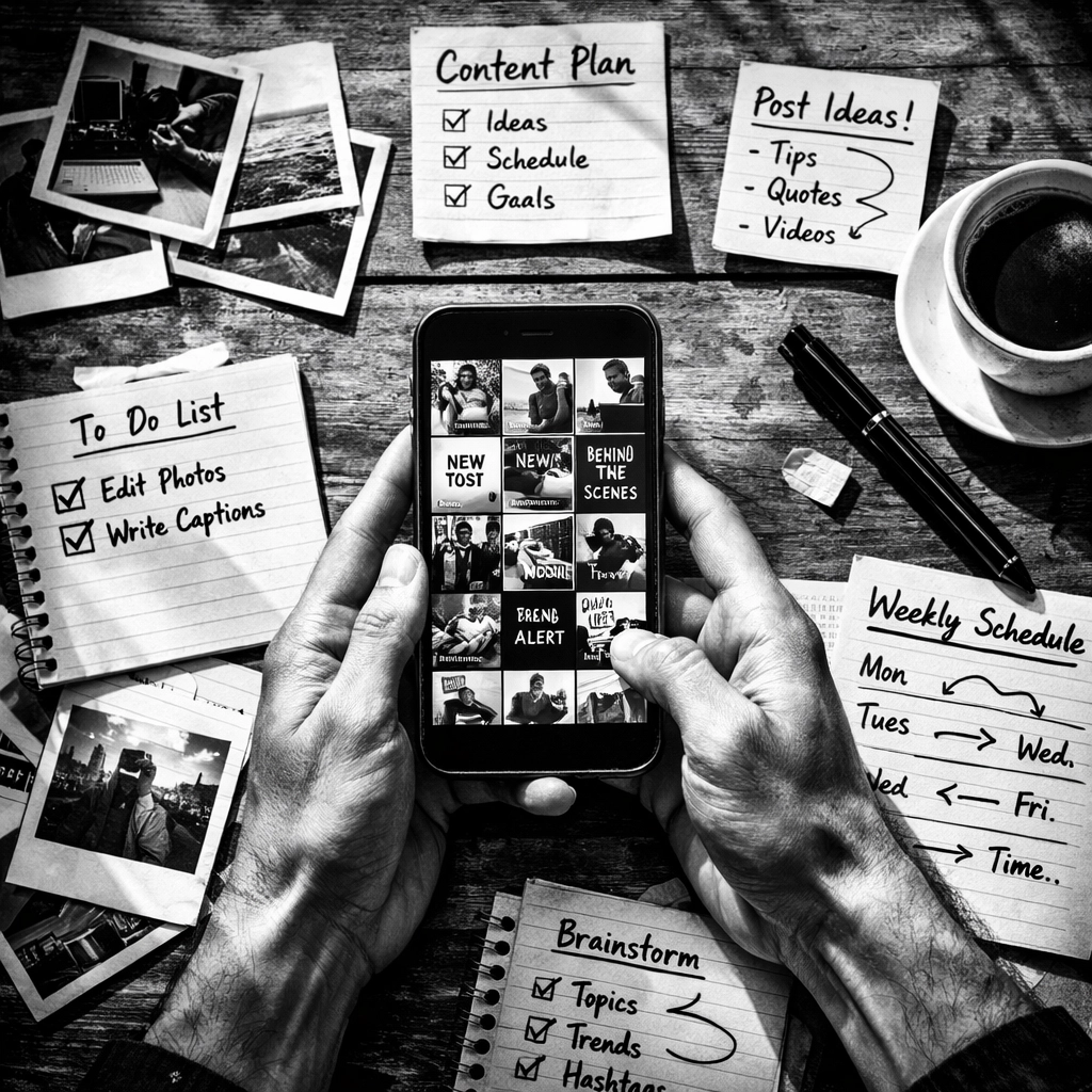 Content strategy planning with smartphone showing social media grid and handwritten notes