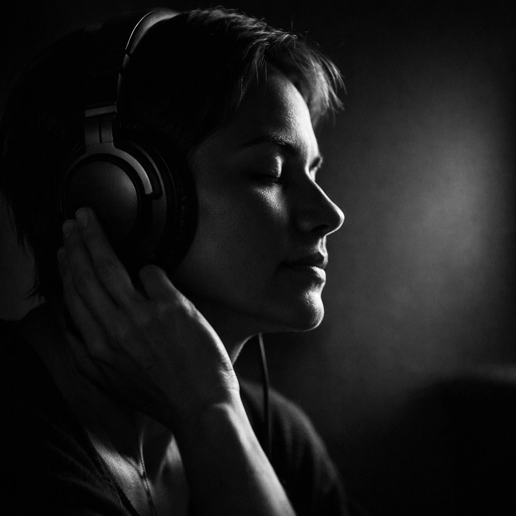 Podcast listener engaged with headphones showing focused attention and commitment