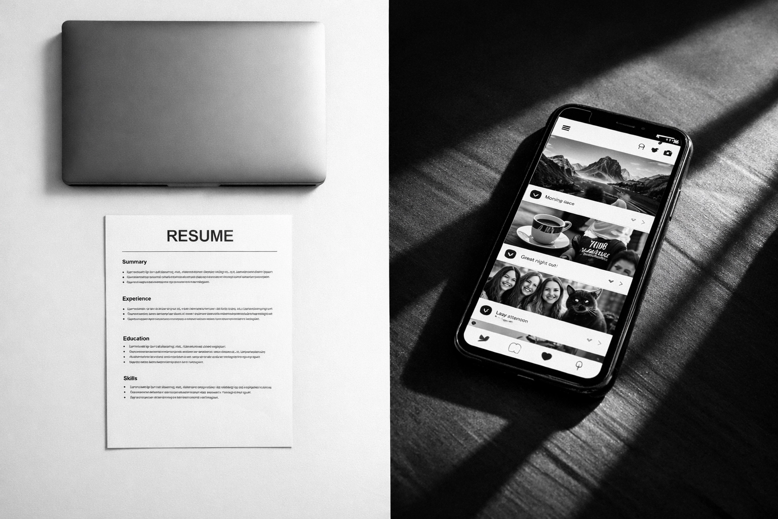 Website resume versus social media presence shown through laptop and smartphone comparison