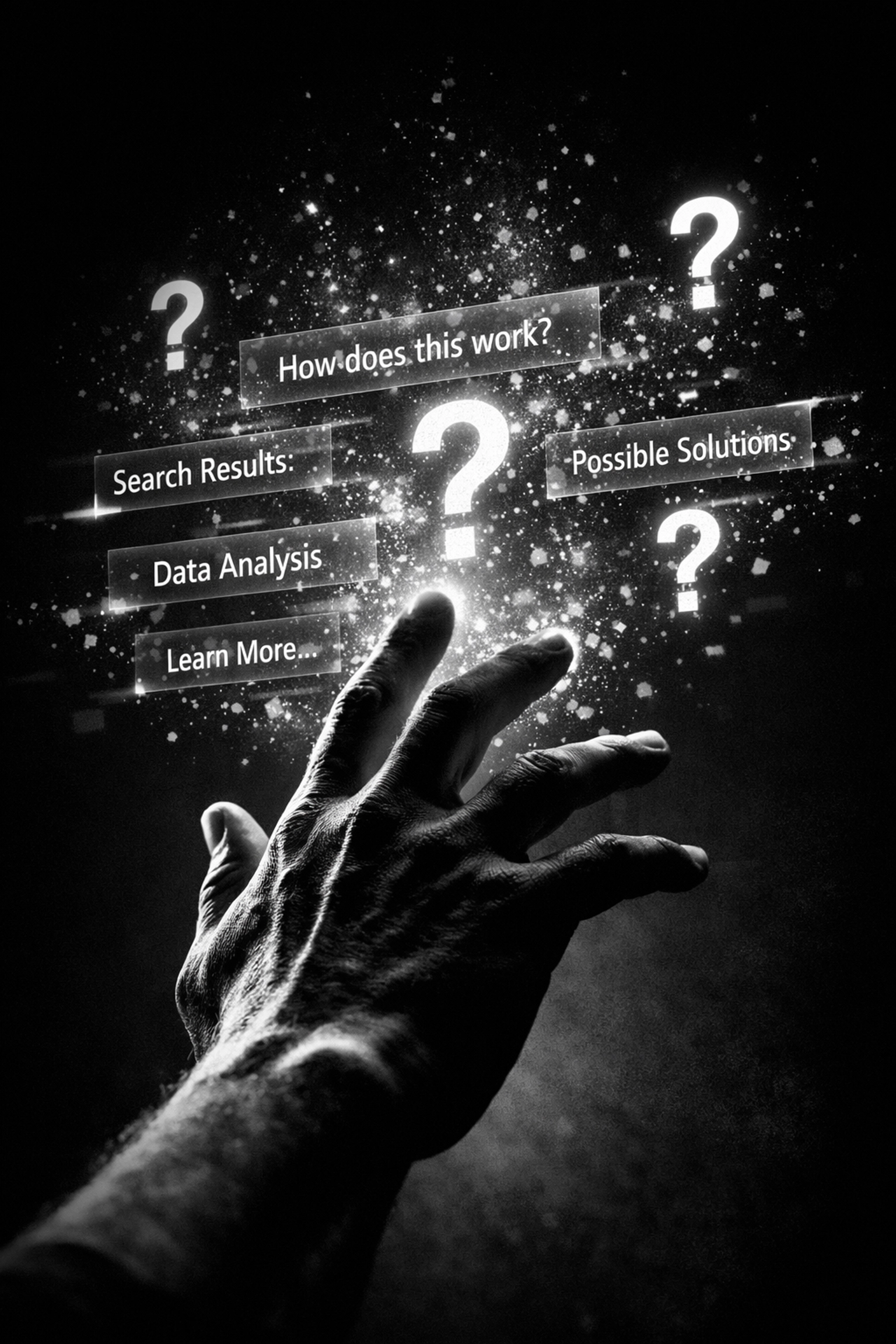 Hand reaching toward AI interface displaying questions and answers for answer engine optimization