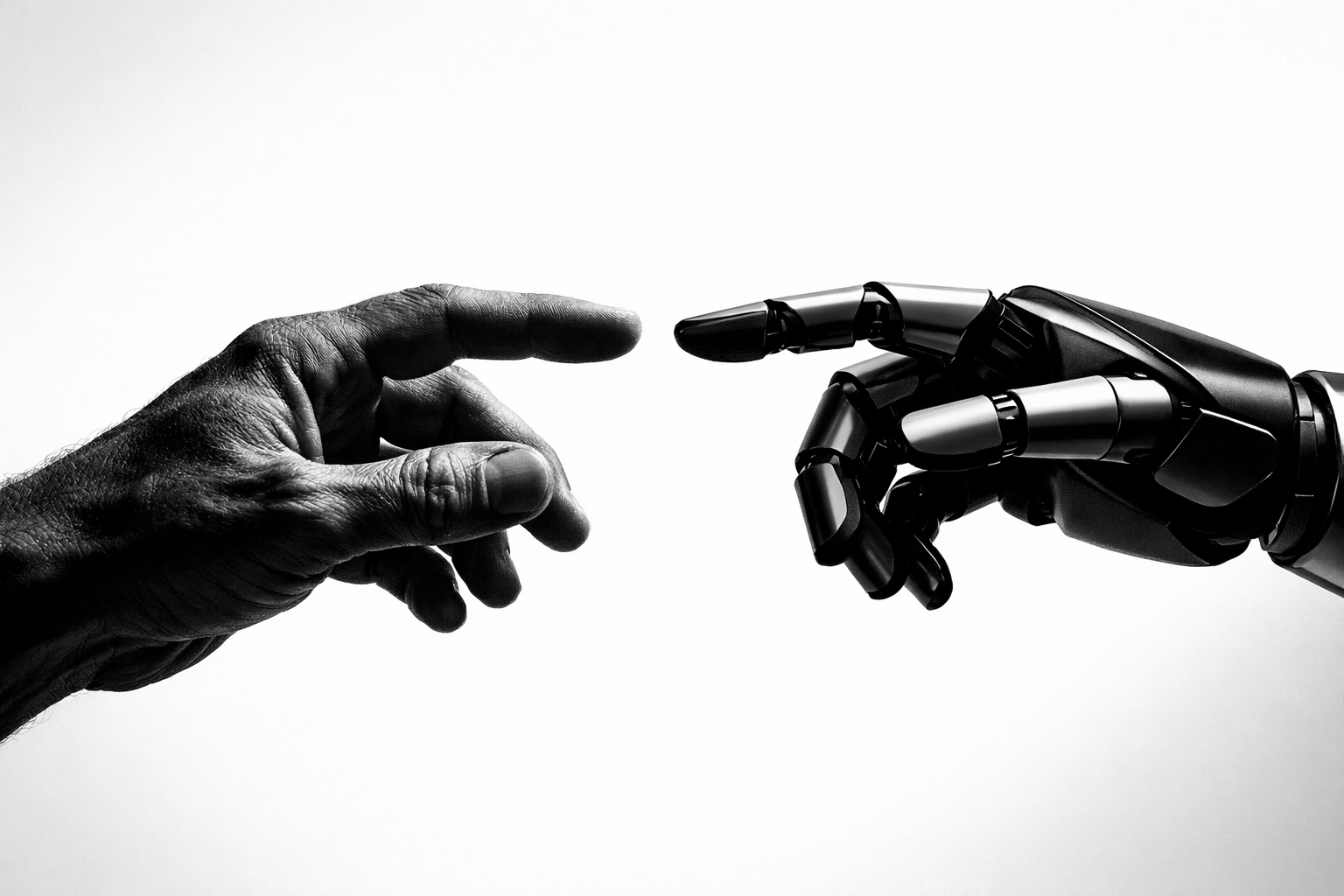 Human and robotic hands reaching toward each other symbolizing AI and human collaboration in content creation