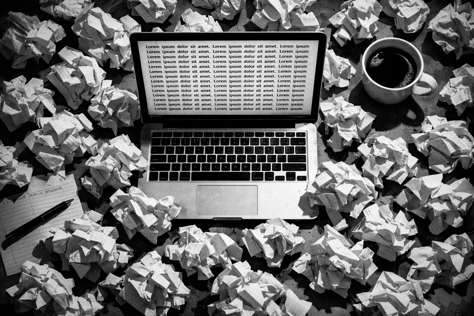 Cluttered desk workspace showing repetitive AI-generated content and creative frustration with generic captions