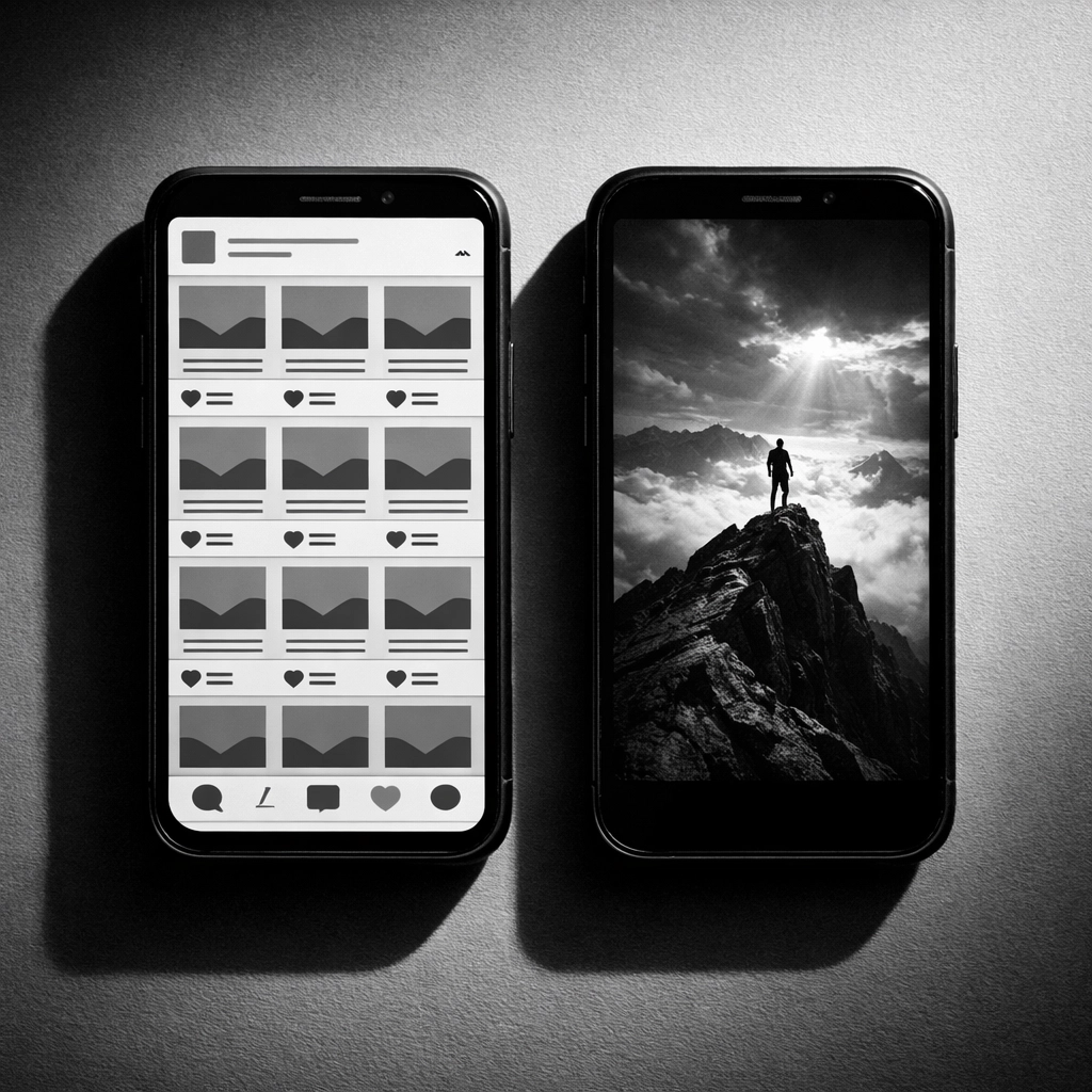 Two smartphones comparing generic repetitive social posts versus quality engaging content strategy