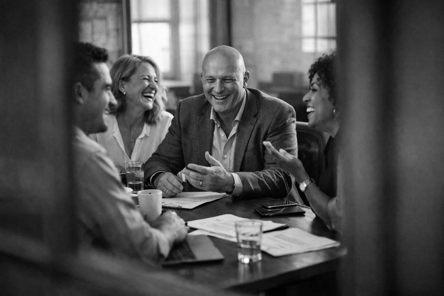 Authentic business team meeting showcasing genuine interaction and storytelling for B2B content