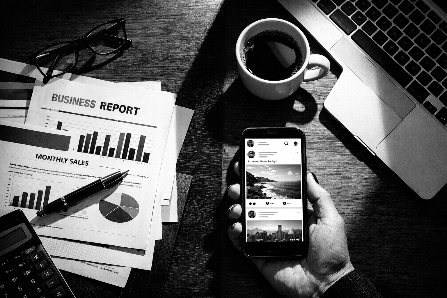 Modern business desk with smartphone displaying social media feed alongside traditional B2B documents and laptop