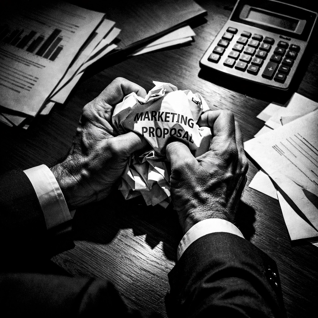Frustrated marketer crumpling generic agency proposal highlighting wasted marketing budget