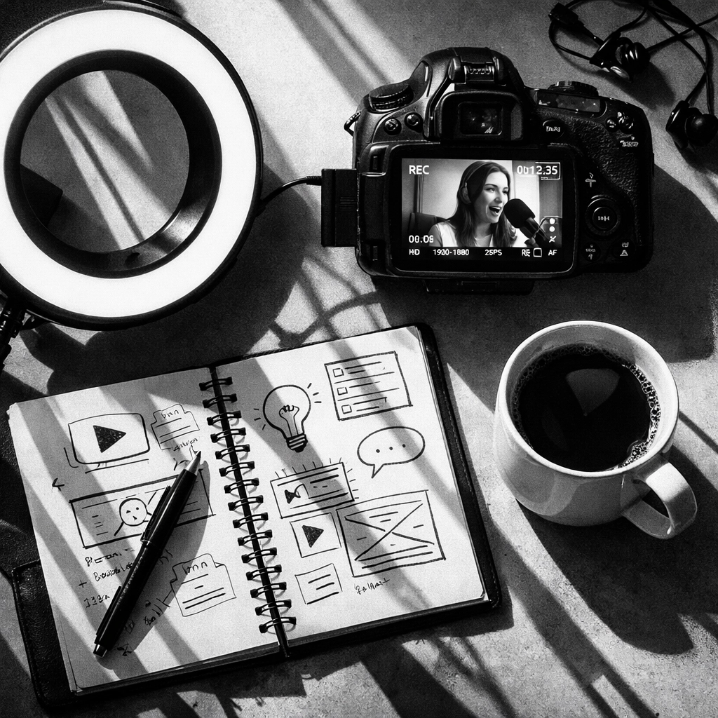 Video podcast production workspace with ring light and recording equipment