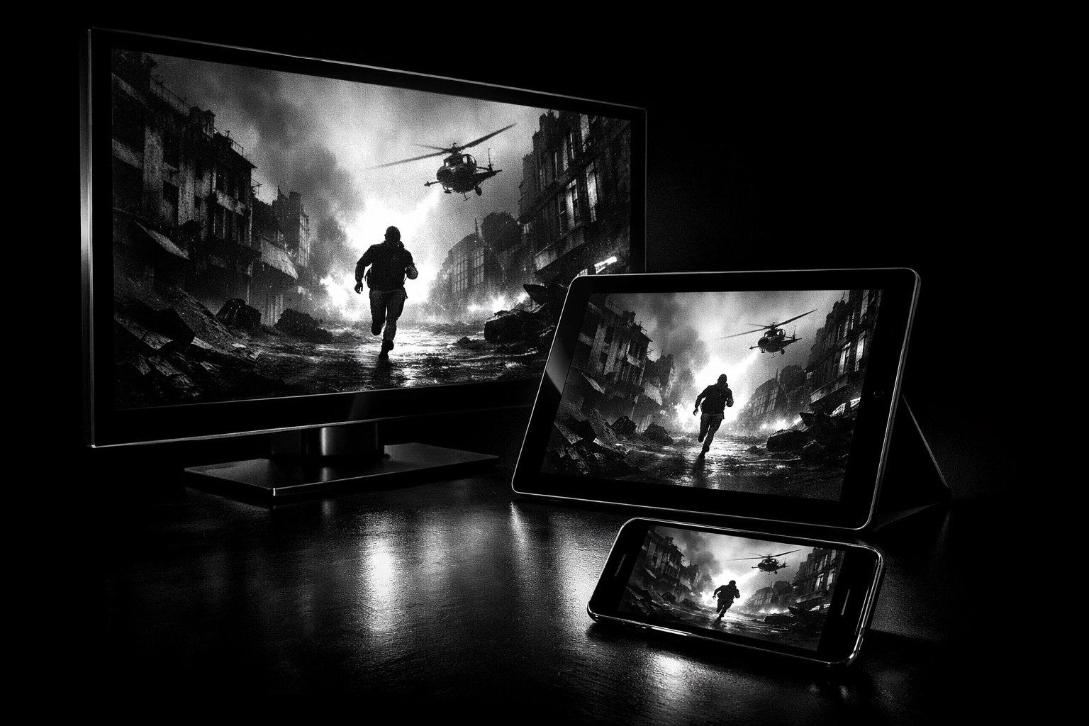 Video podcast content displayed across multiple devices and screens