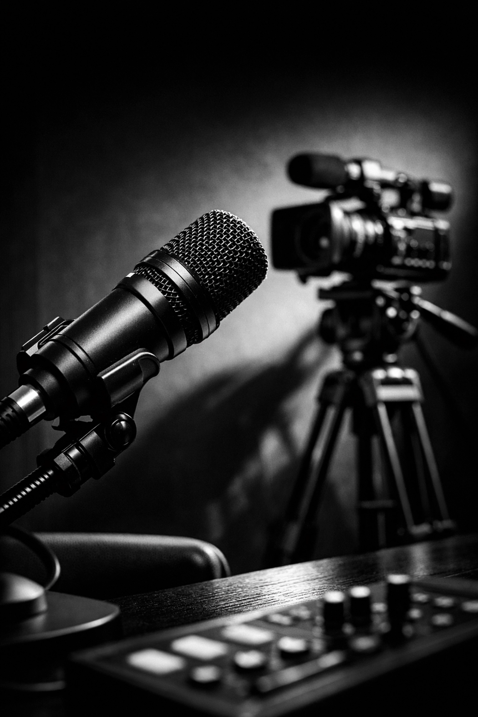 Professional podcast studio with microphone and video camera for video-first podcasting
