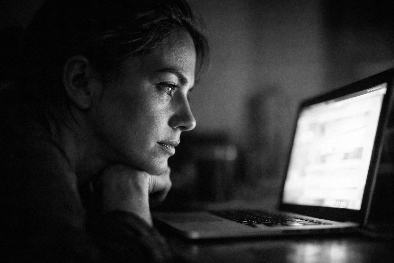 Engaged viewer watching video podcast content on laptop screen