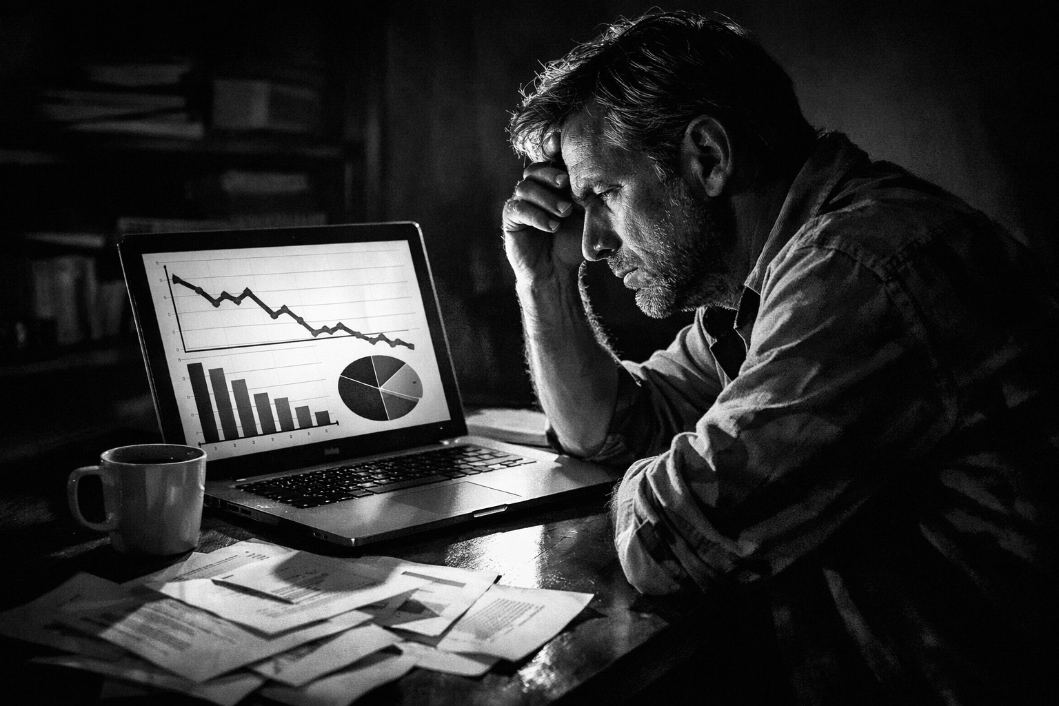 Business owner reviewing declining local SEO analytics on laptop