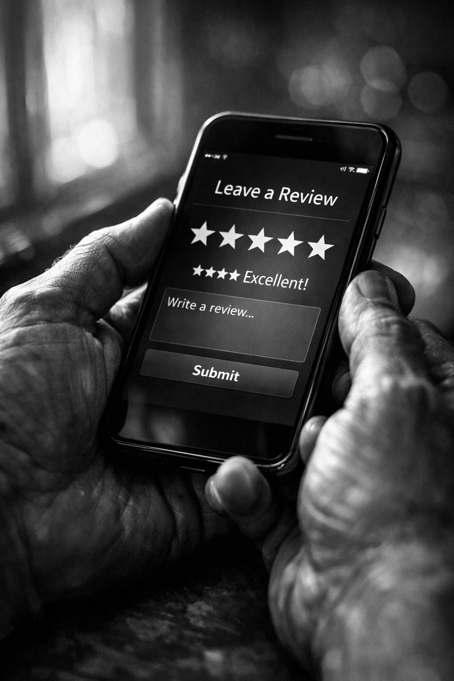 Customer leaving 5-star review on smartphone for local business