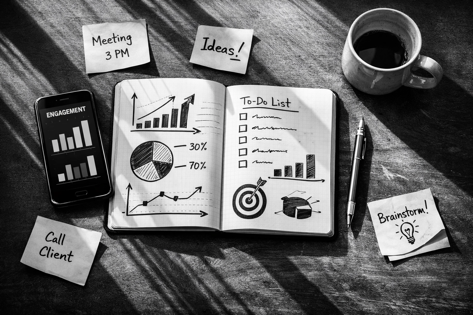 Social media marketing strategy workspace with analytics and planning notes