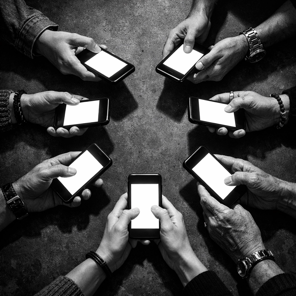 Multiple people using social media apps on smartphones showing community engagement