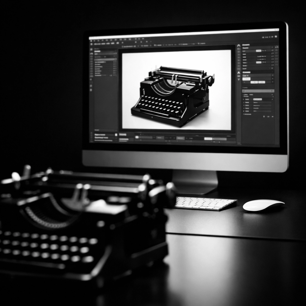 A vintage typewriter next to a modern computer monitor, bridging traditional storytelling and digital tools.