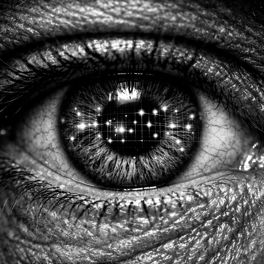 Close-up of a human eye reflecting a digital grid, representing the human perspective in AI-driven design.