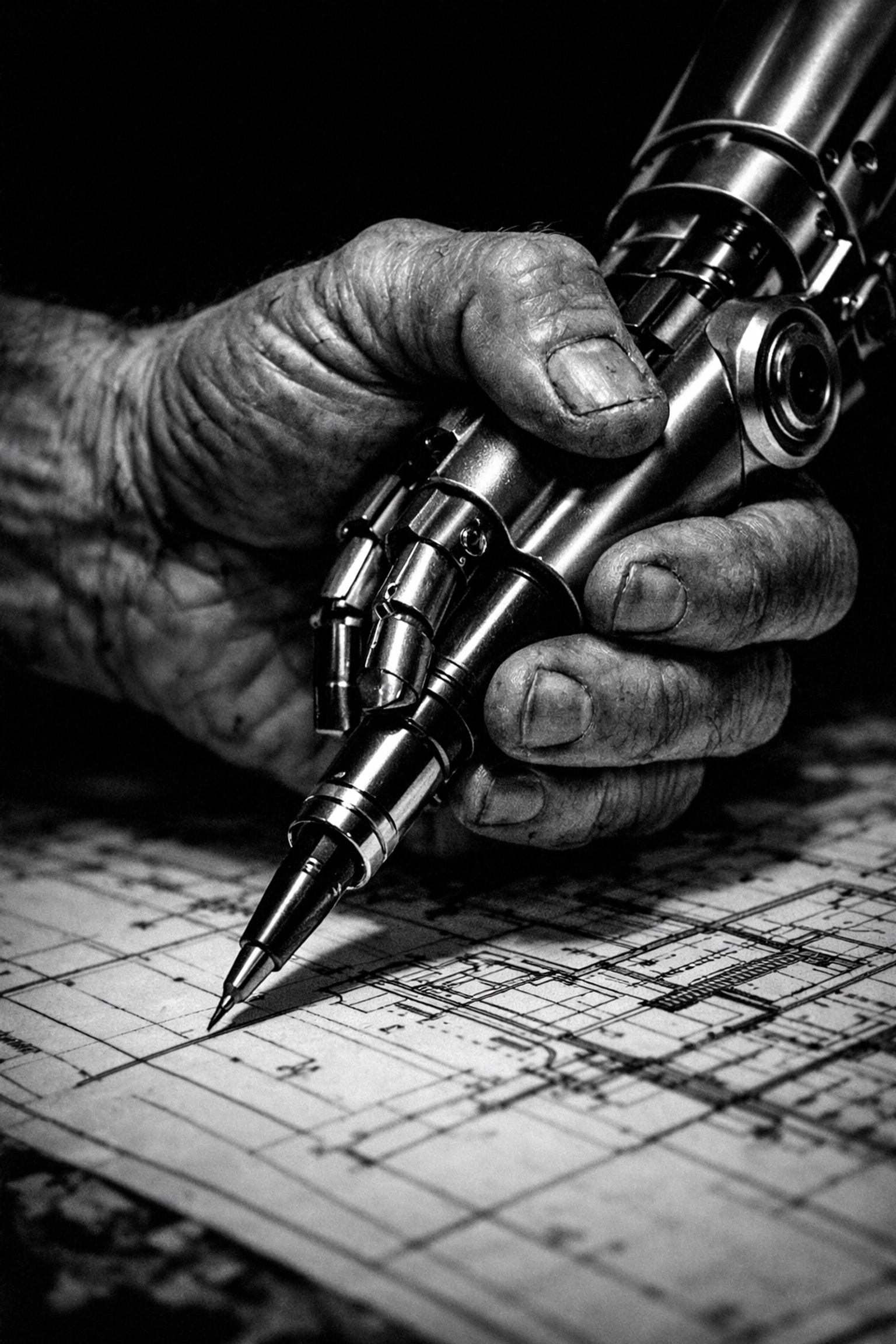 A human hand guiding a robotic arm in design, illustrating human-led AI creativity in digital marketing.