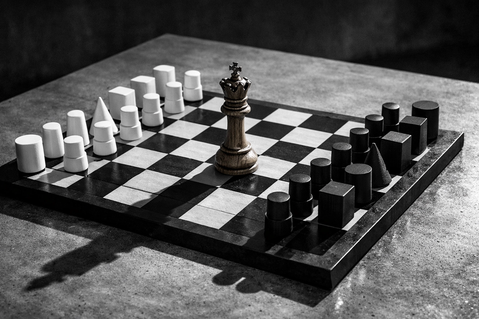 A unique king chess piece among generic shapes, symbolizing strategic human leadership in brand identity.