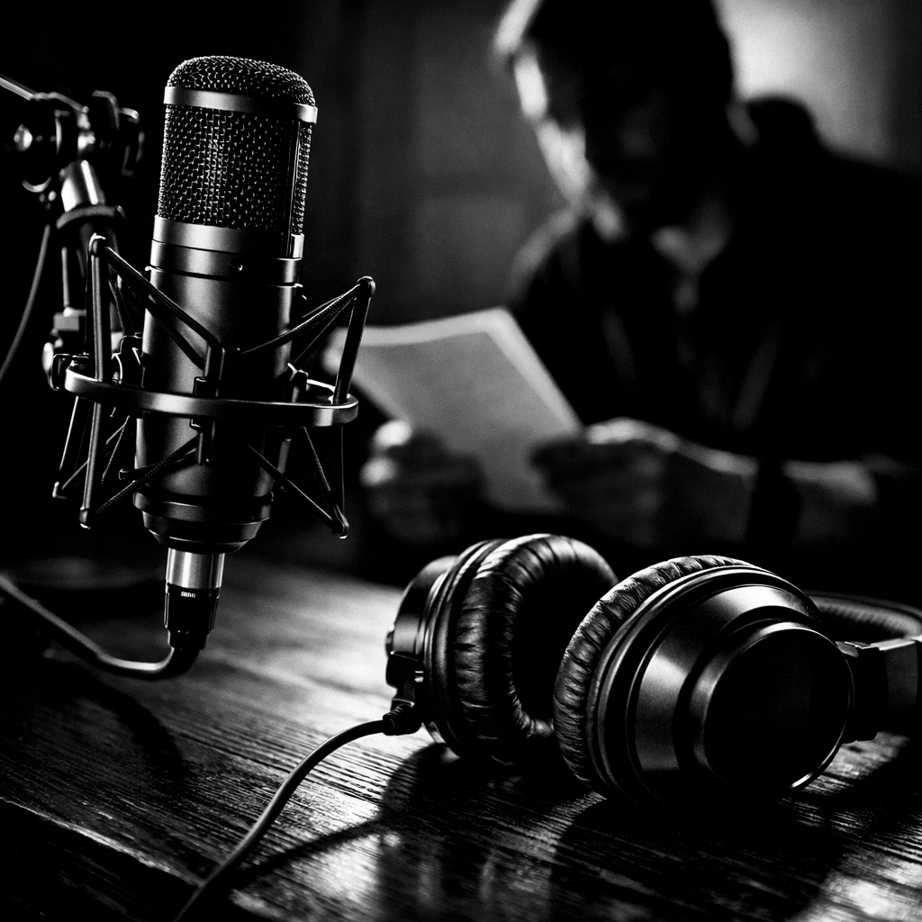Professional podcast studio setup with microphone and headphones for high-end brand storytelling.