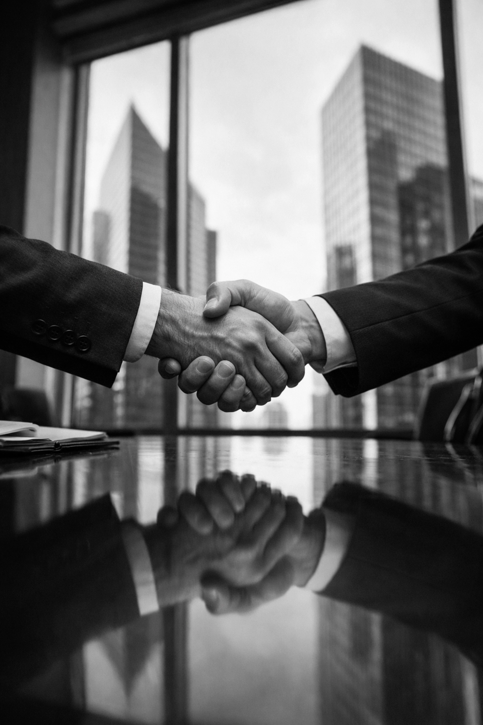 A professional handshake in a modern boardroom representing a trusted marketing partnership.