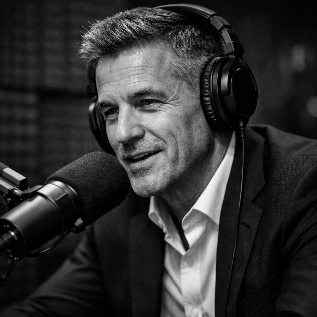 Professional executive recording a podcast to build brand trust and frictionless client storytelling.