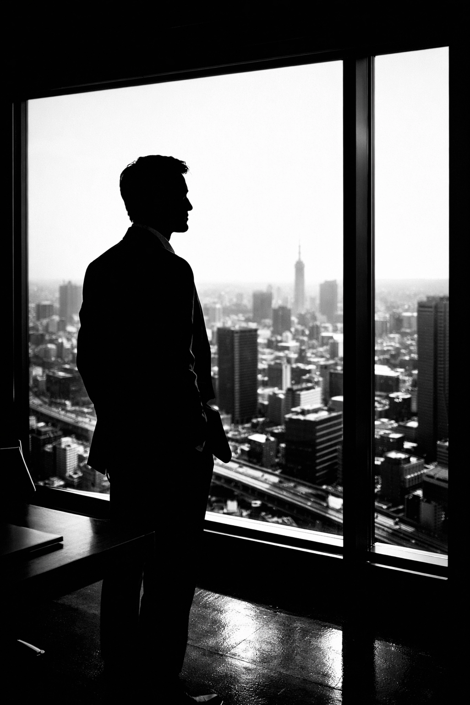 Professional silhouette looking out an office window at the city, symbolizing intentional brand vision.