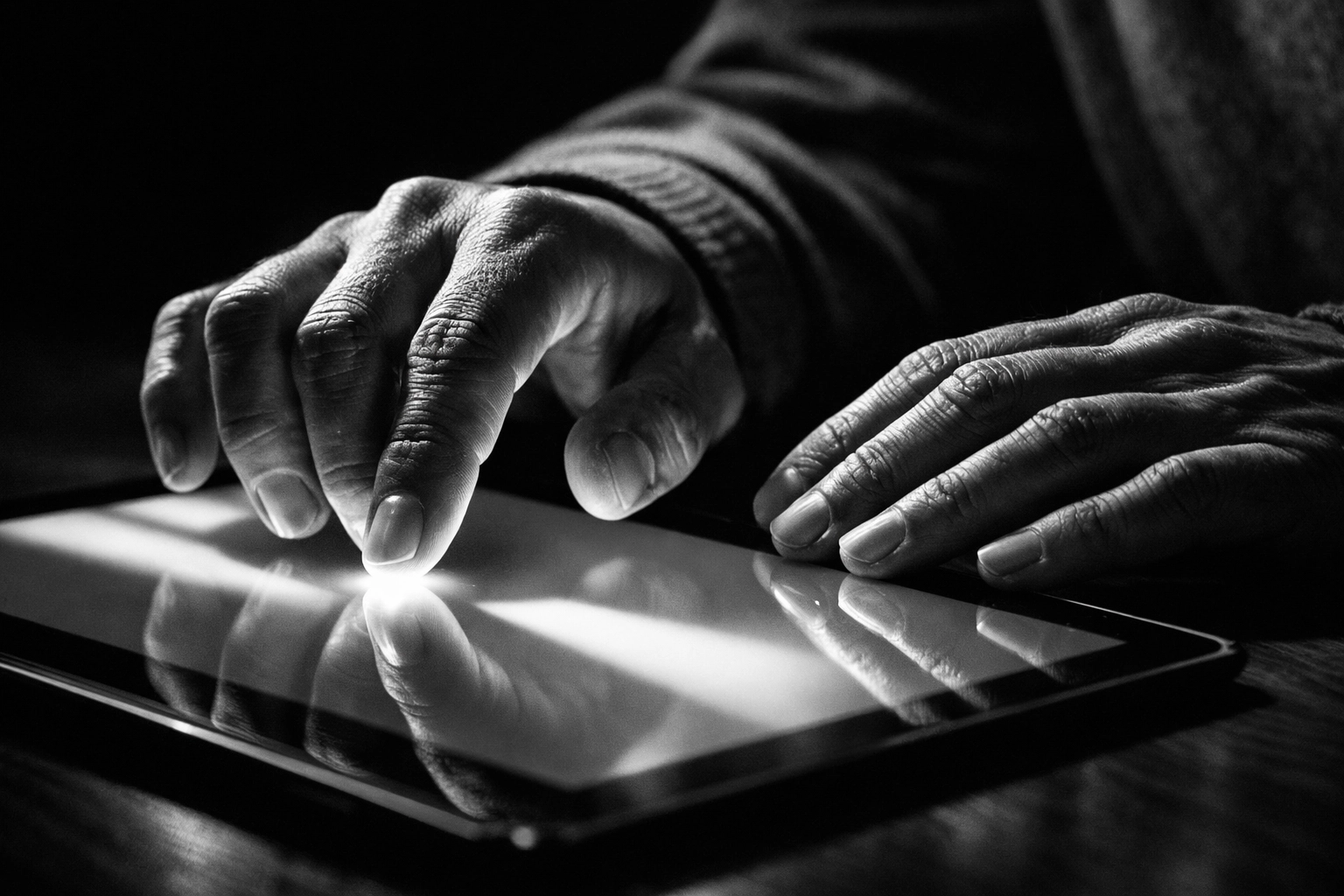 Hands interacting with a digital tablet, blending AI marketing tools with human-centric brand storytelling.