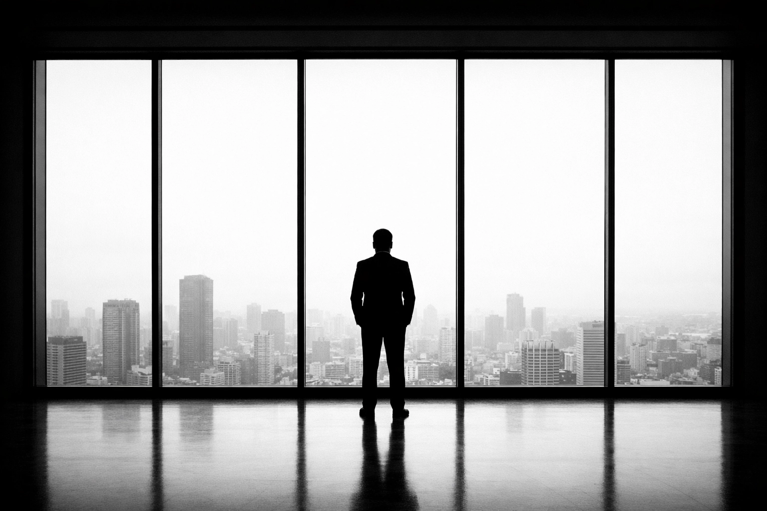 Silhouetted business owner looking at a city, representing empathy and focus on solving customer challenges.