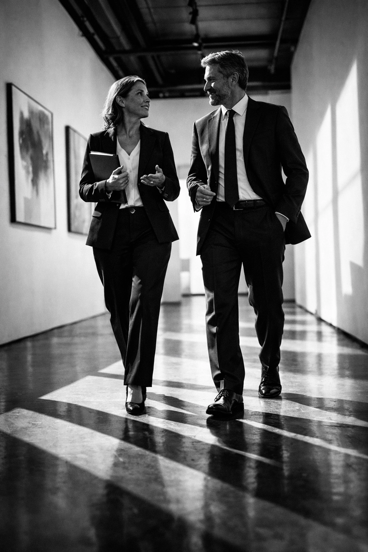 Two professionals walking in a modern hallway, illustrating a cohesive brand and professional partnership.
