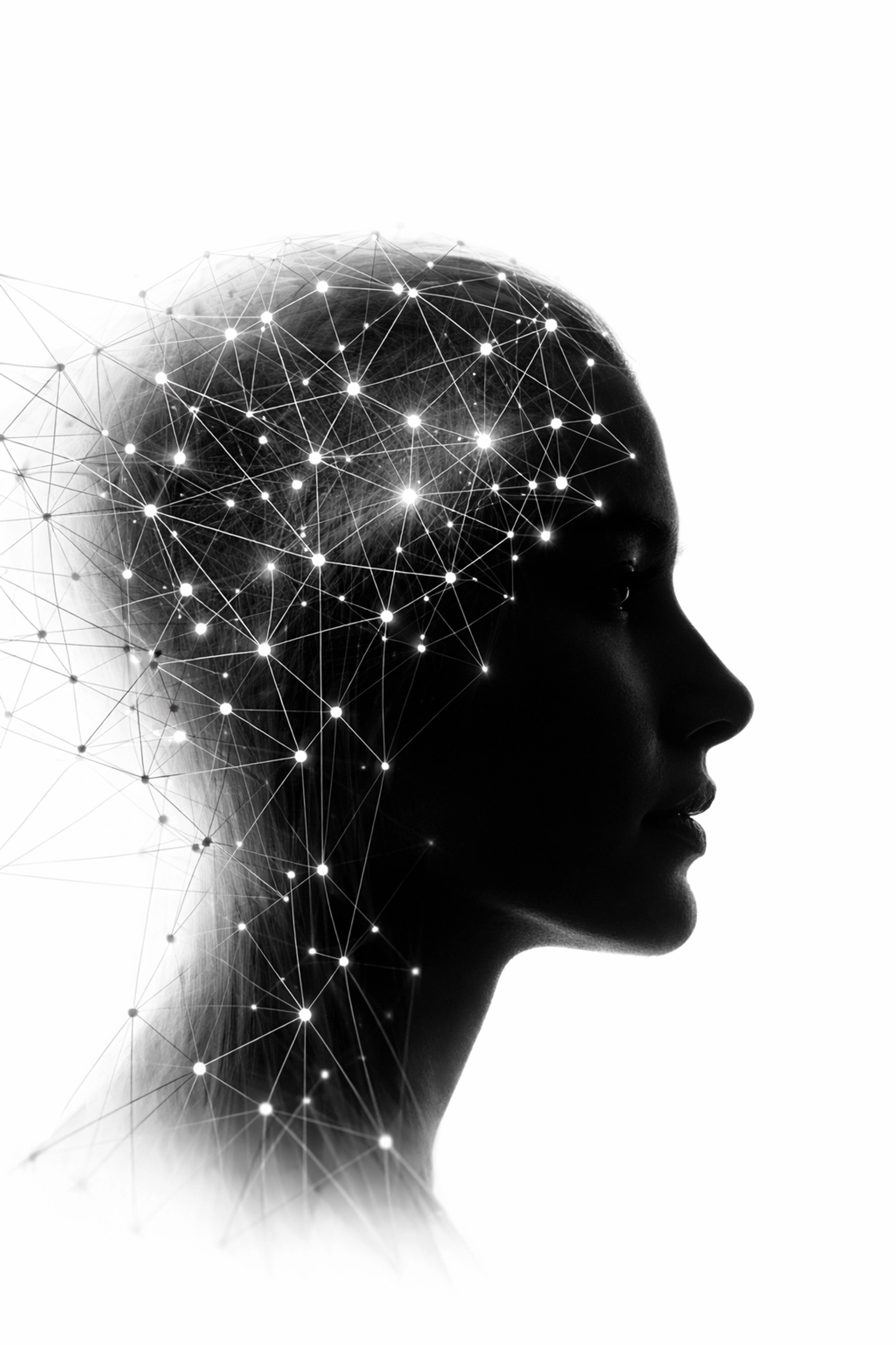 Black and white abstract representation of human connection and AI digital nodes for authentic storytelling.