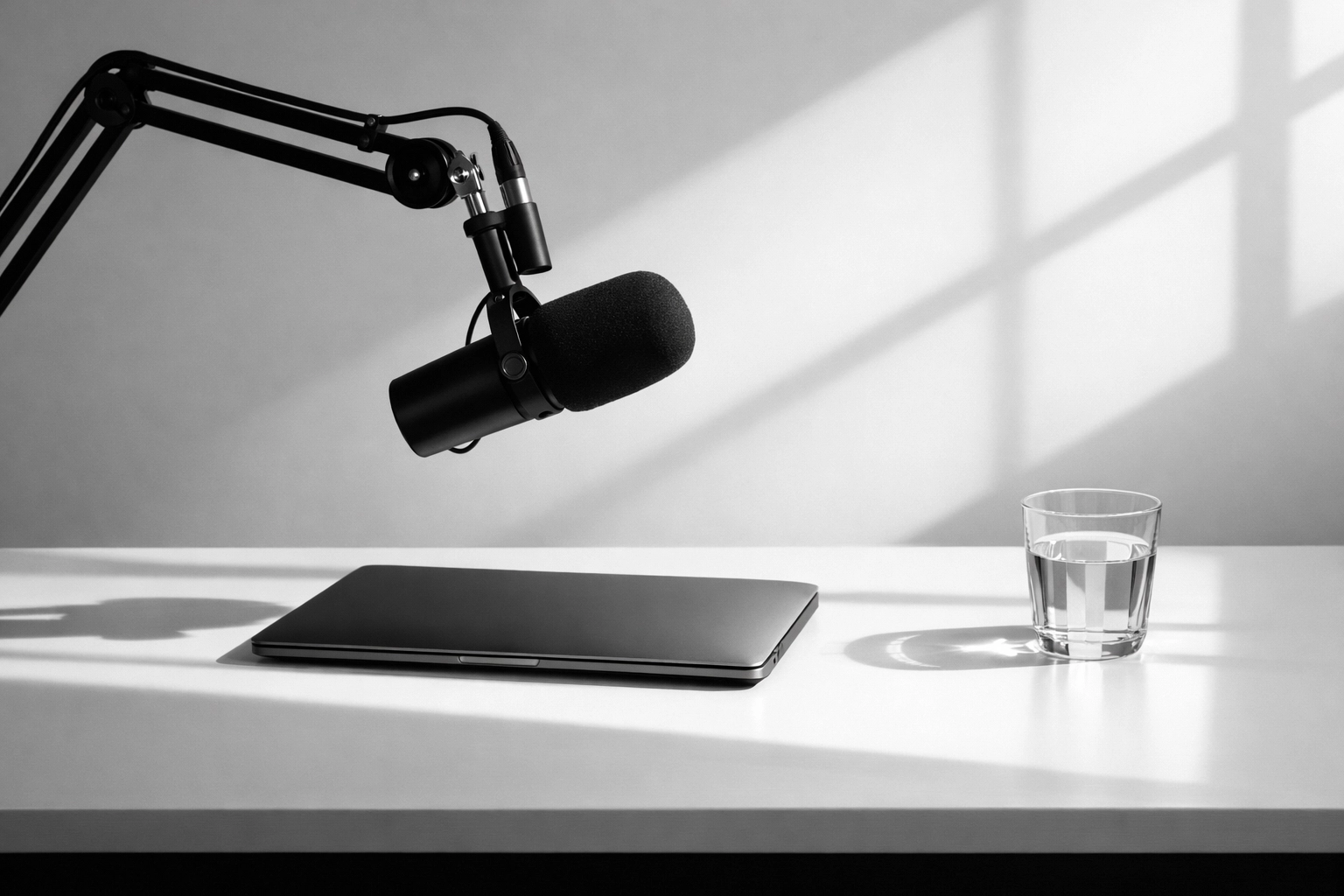 Minimalist professional podcasting studio setup with a broadcast microphone and laptop on a clean white desk.