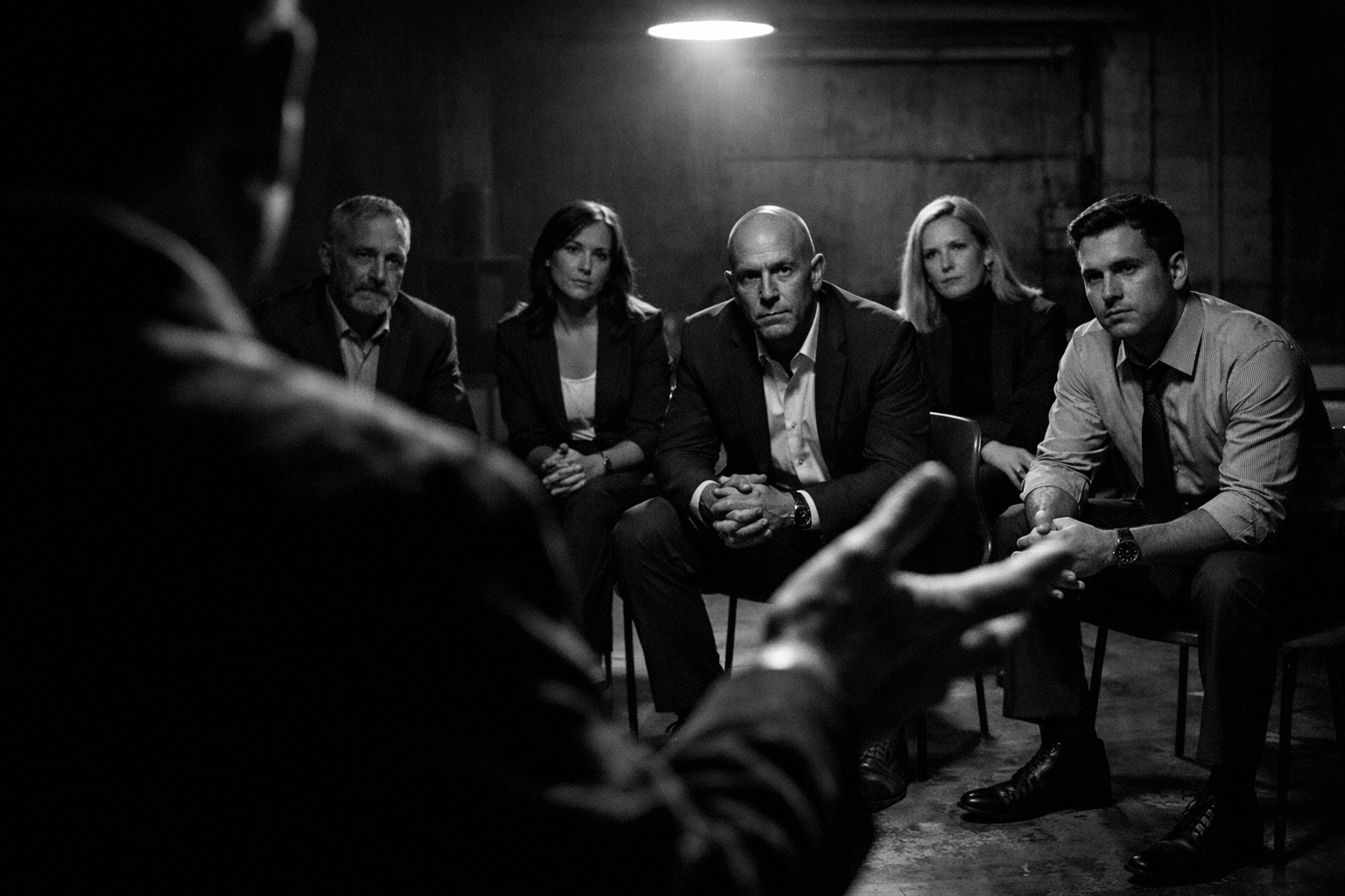 Professional speaker engaging with a small group of business experts in a modern studio setting.