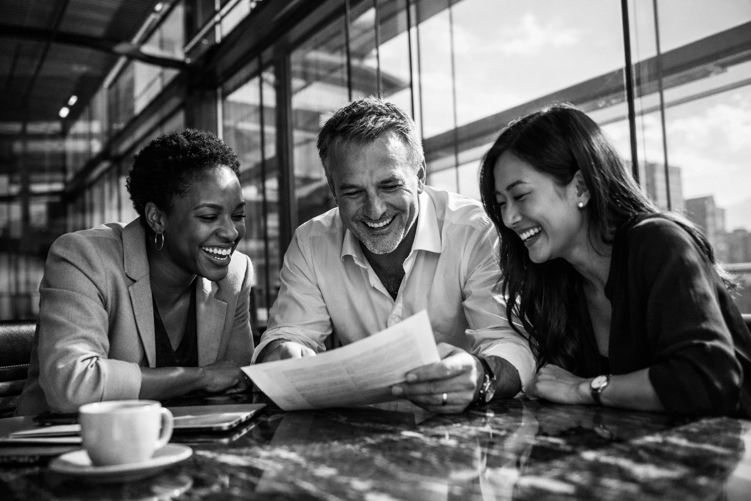 A professional team of diverse experts collaborating and sharing ideas in a modern, transparent office environment.