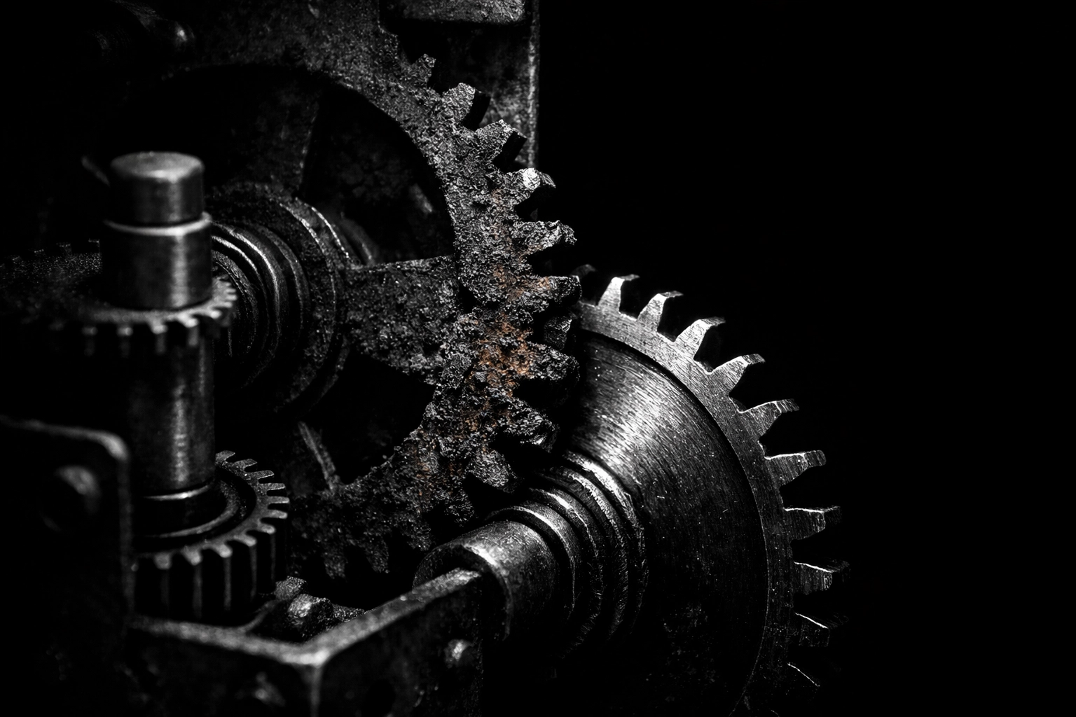 Rusted mechanical gears in black and white, symbolizing stagnant and outdated marketing strategies.