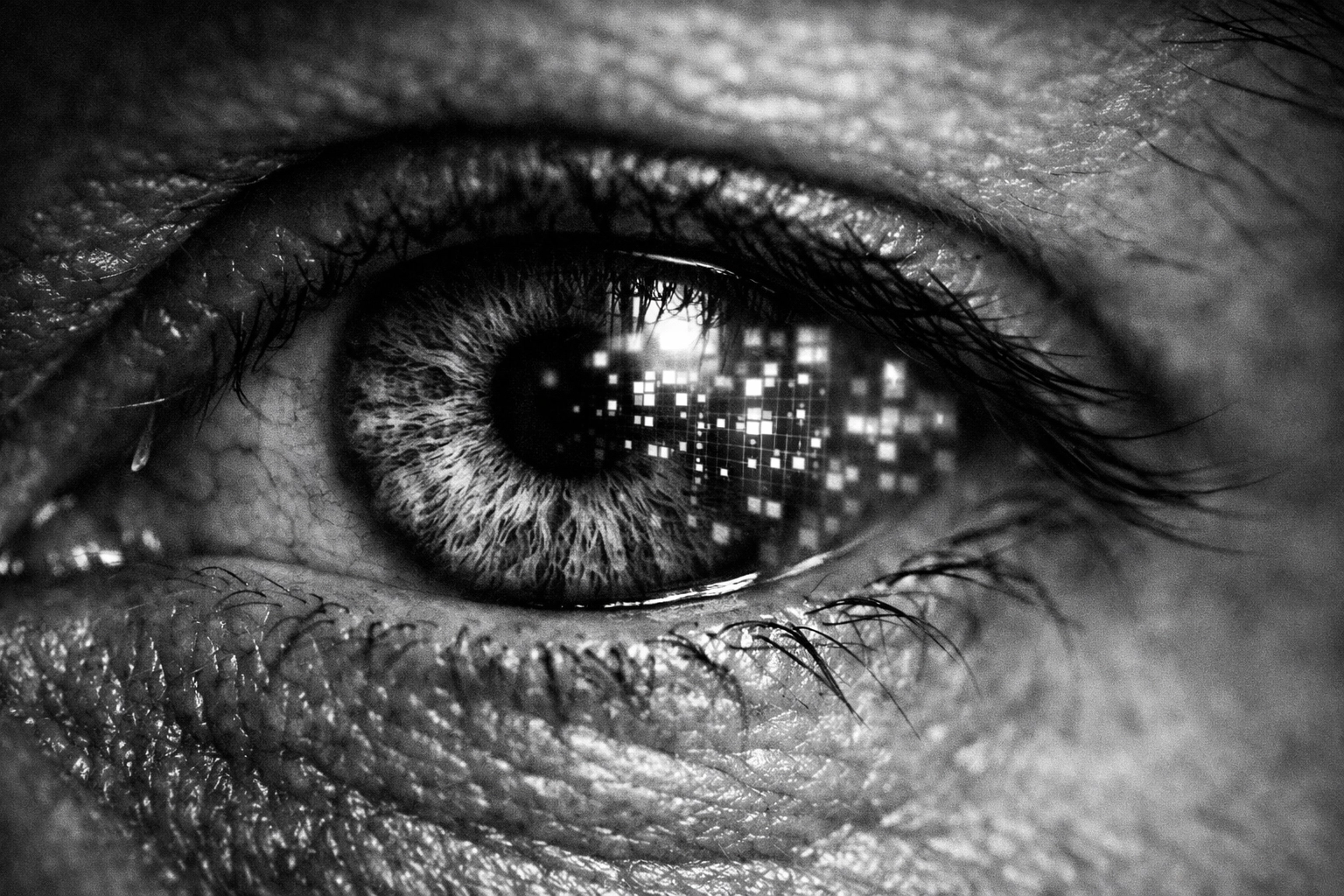 Detailed human eye reflecting digital light, showing the intersection of AI and human marketing perception.