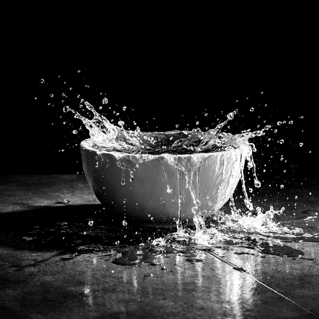 Minimalist black and white photo of water spilling, symbolizing customer churn and the marketing leaky bucket.