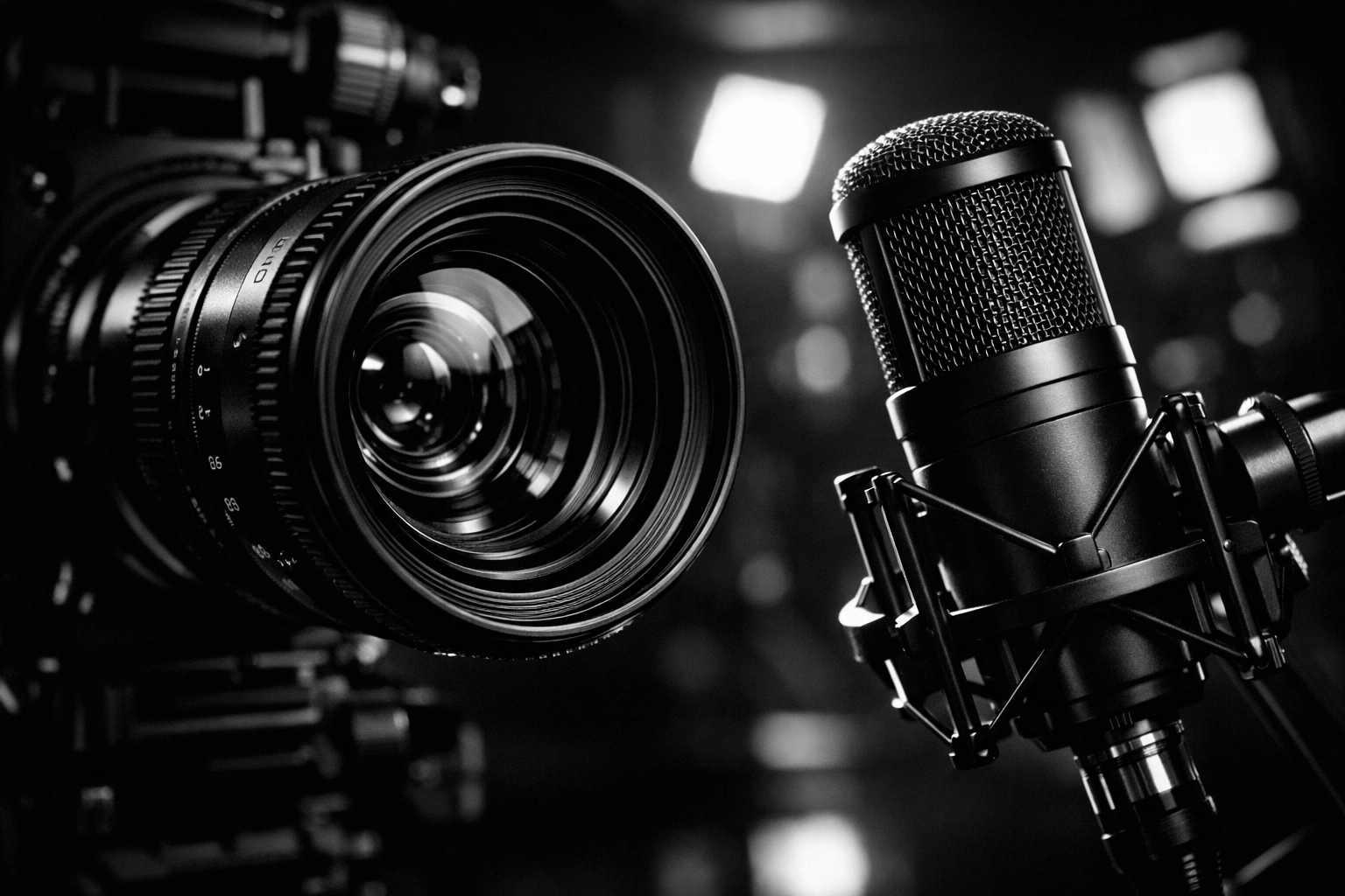 A professional cinema lens and broadcast microphone highlighting the role of media in brand storytelling.