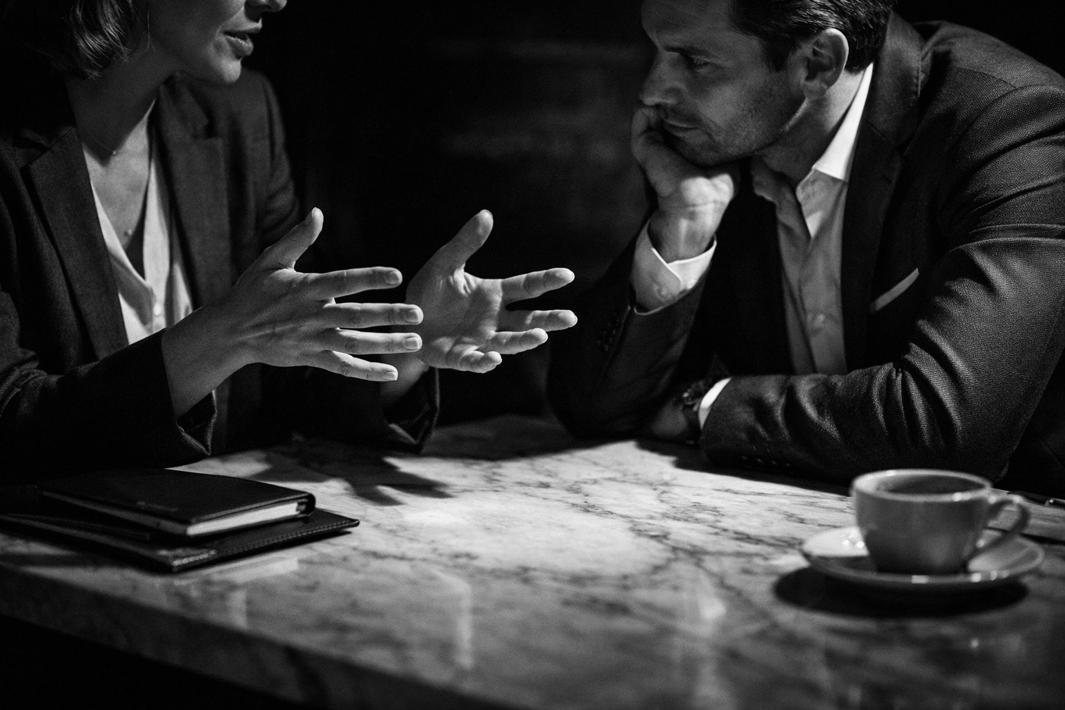 Two professionals in a deep conversation, representing the importance of human connection in brand loyalty.