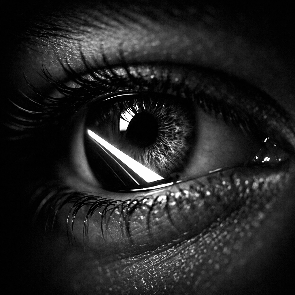 Close-up of an eye reflecting a digital screen, symbolizing the fast first impression of brand design.