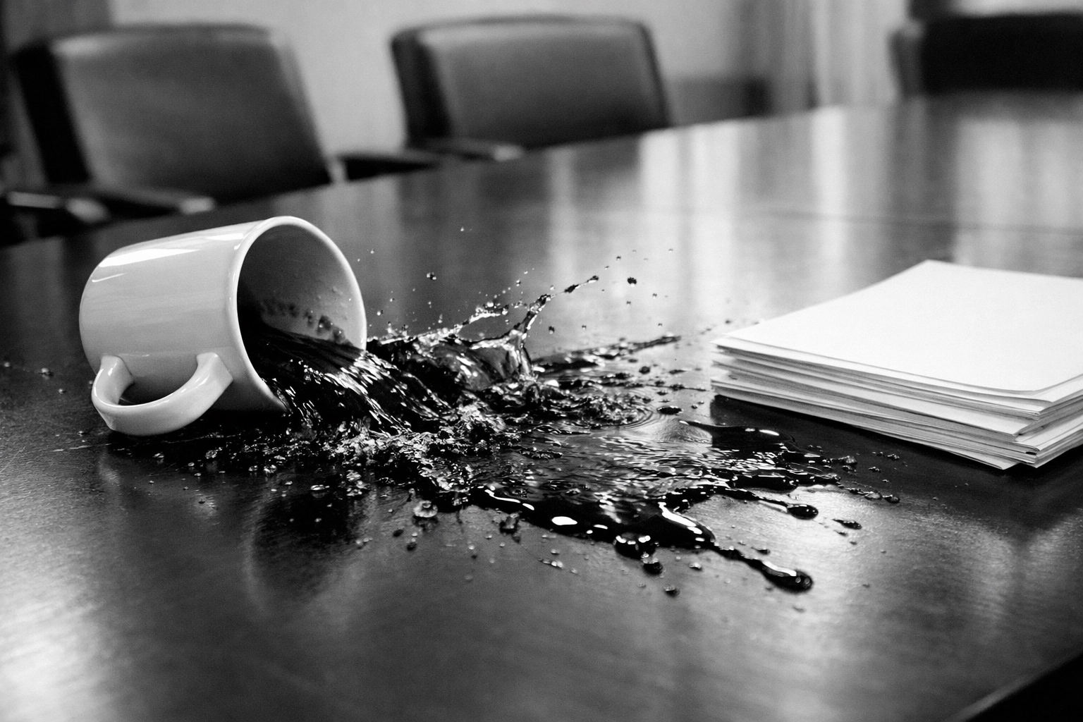 A spilled coffee mug on a desk symbolizing the power of brand vulnerability and truth in marketing.