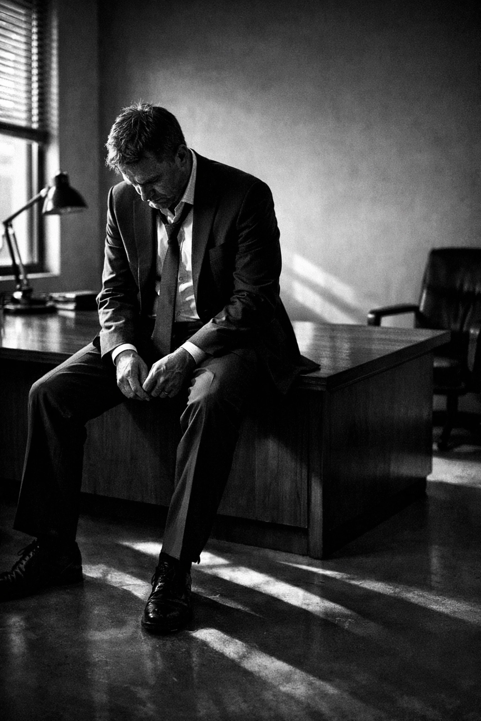 Candid black and white photo of a professional in reflection, representing human vulnerability in branding.