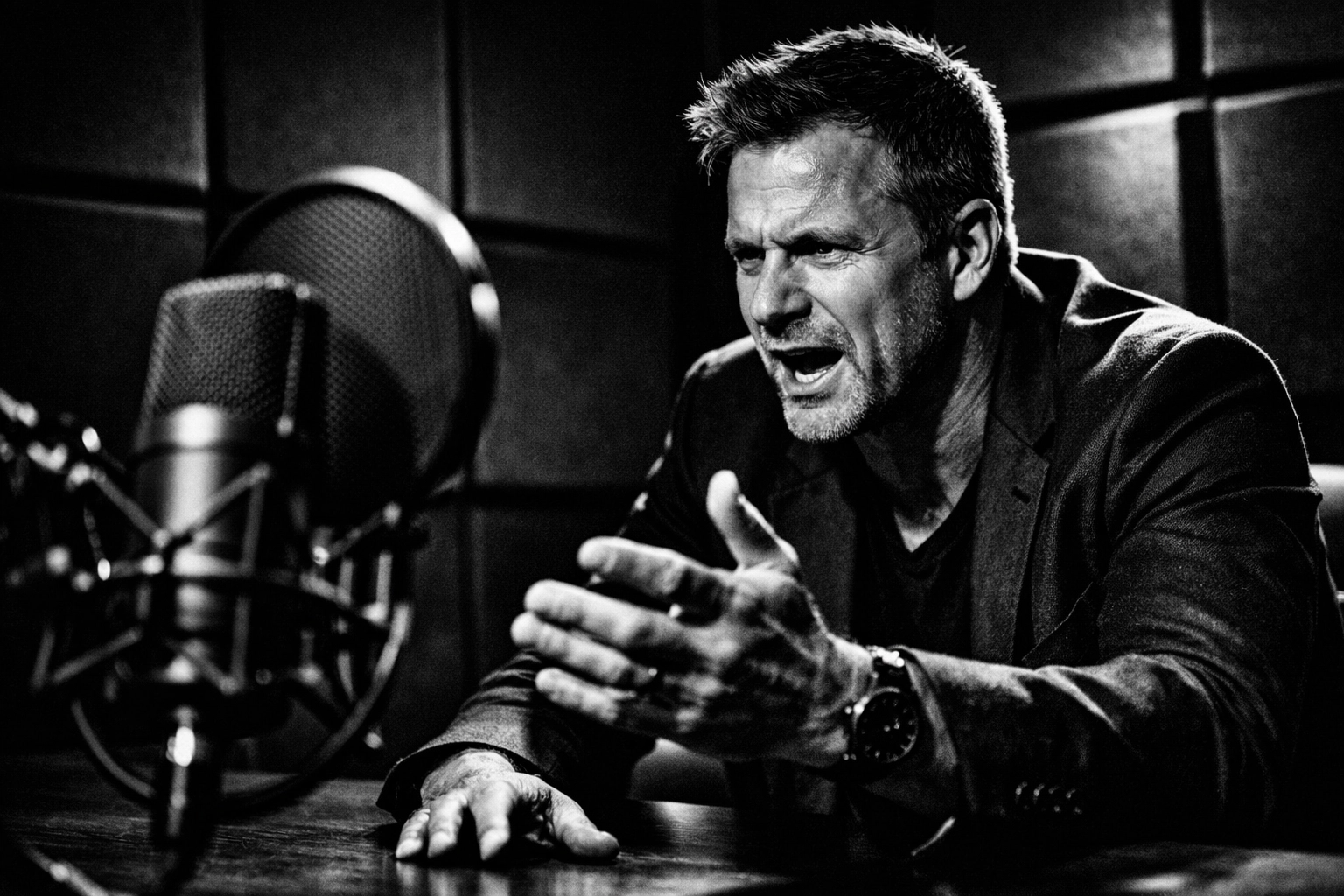 Professional storyteller speaking in a podcast studio to maintain company culture during scaling.