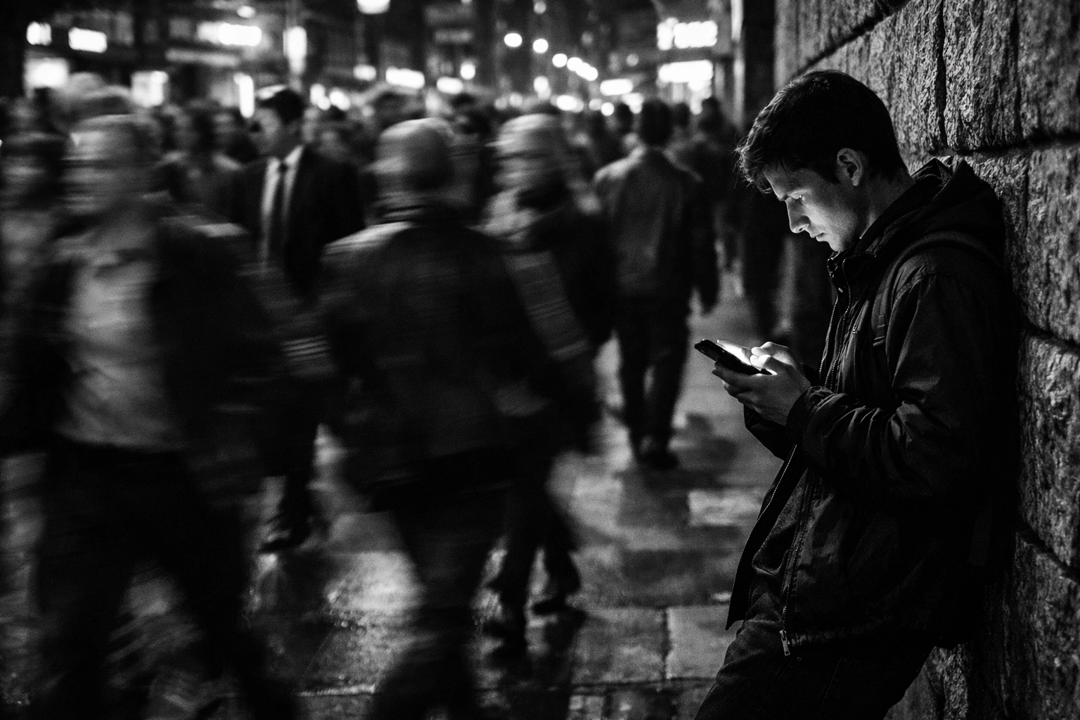 A person focused on a glowing smartphone in a busy city crowd, showing direct digital engagement.