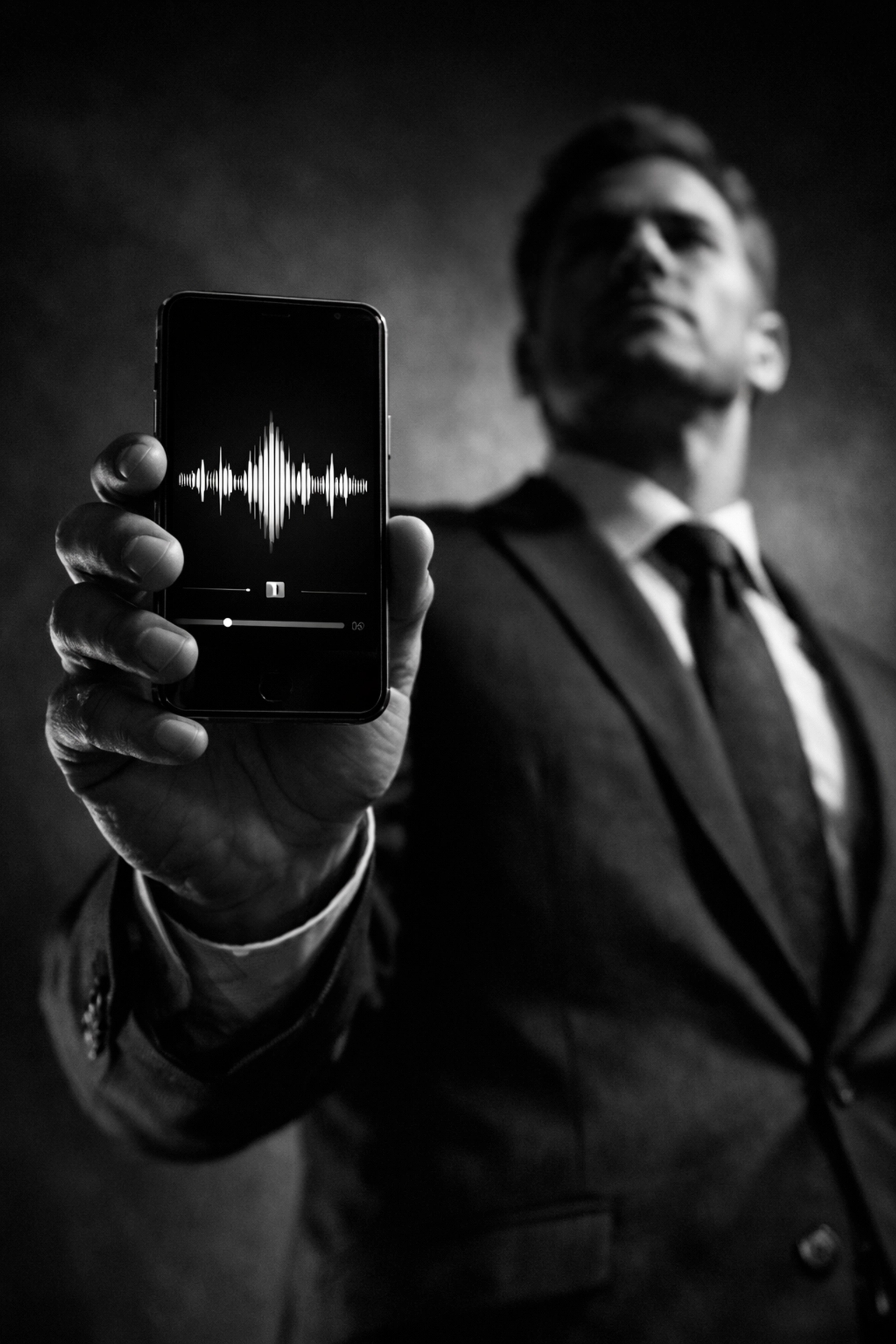 A professional holding a smartphone displaying an audio waveform, part of an integrated media strategy.