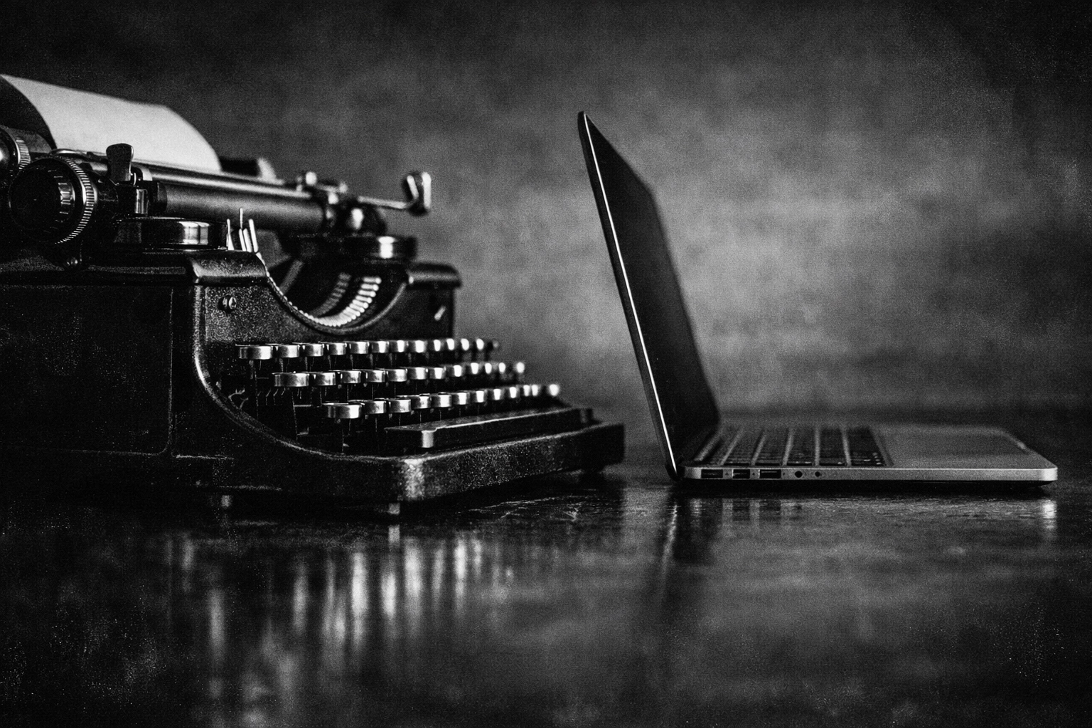 Vintage typewriter and sleek laptop side-by-side representing the evolution of brand storytelling.